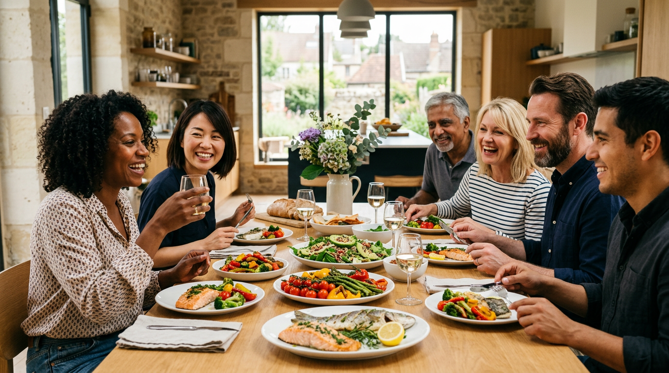 Convives partageant un repas équilibré à la maison