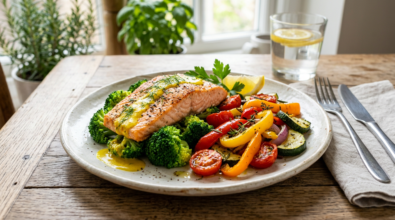 Poisson, légumes colorés, assiette variée