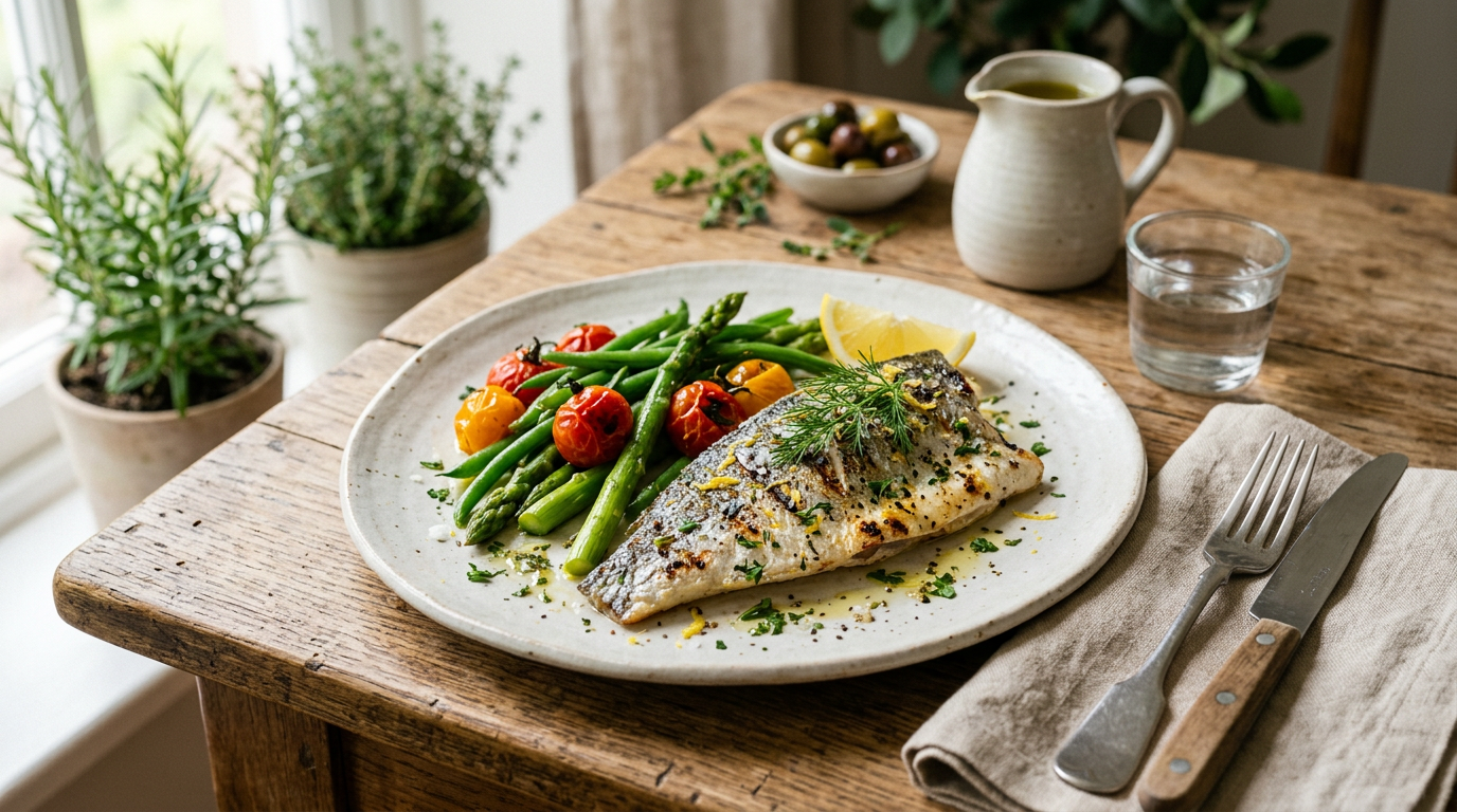 Repas type méditerranéen, légumes et poisson
