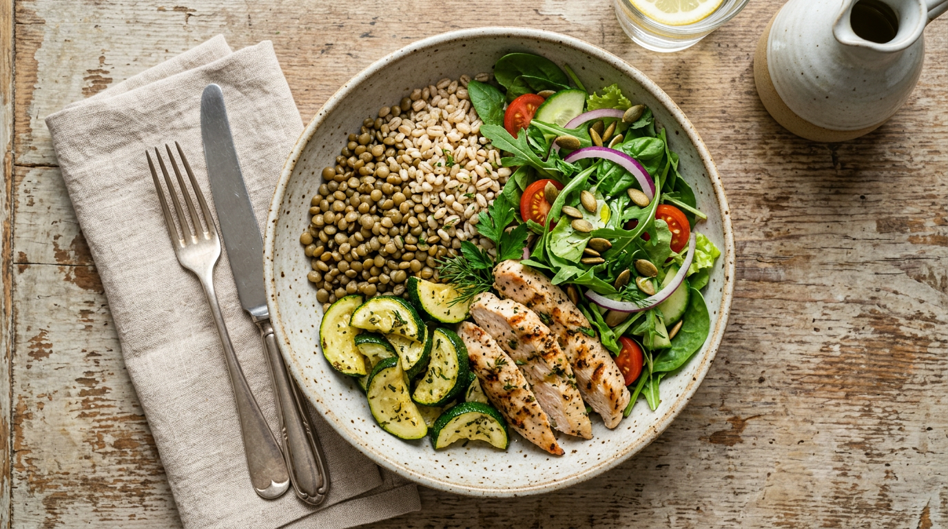 Assiette avec féculents à absorption plus lente et fibres